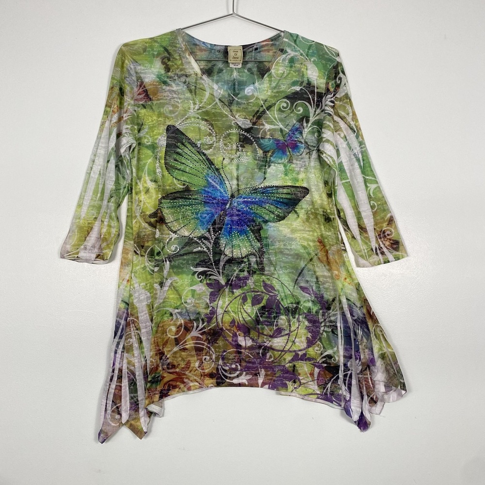 Jess & Jane Shirt Womens Medium Butterfly Forest 3/4 Sleeve Tunic Rhinestone